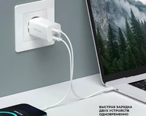 СЗУ 1USB-C + 1USB-C Deppa PD 3.0, GaN, 65W, белый, 11445
