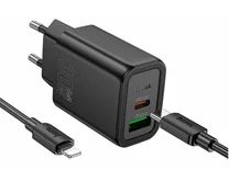 СЗУ-1USB+1USB-C Hoco N63, PD30W,QC3.0 + кабель Type-C to Lightning черный